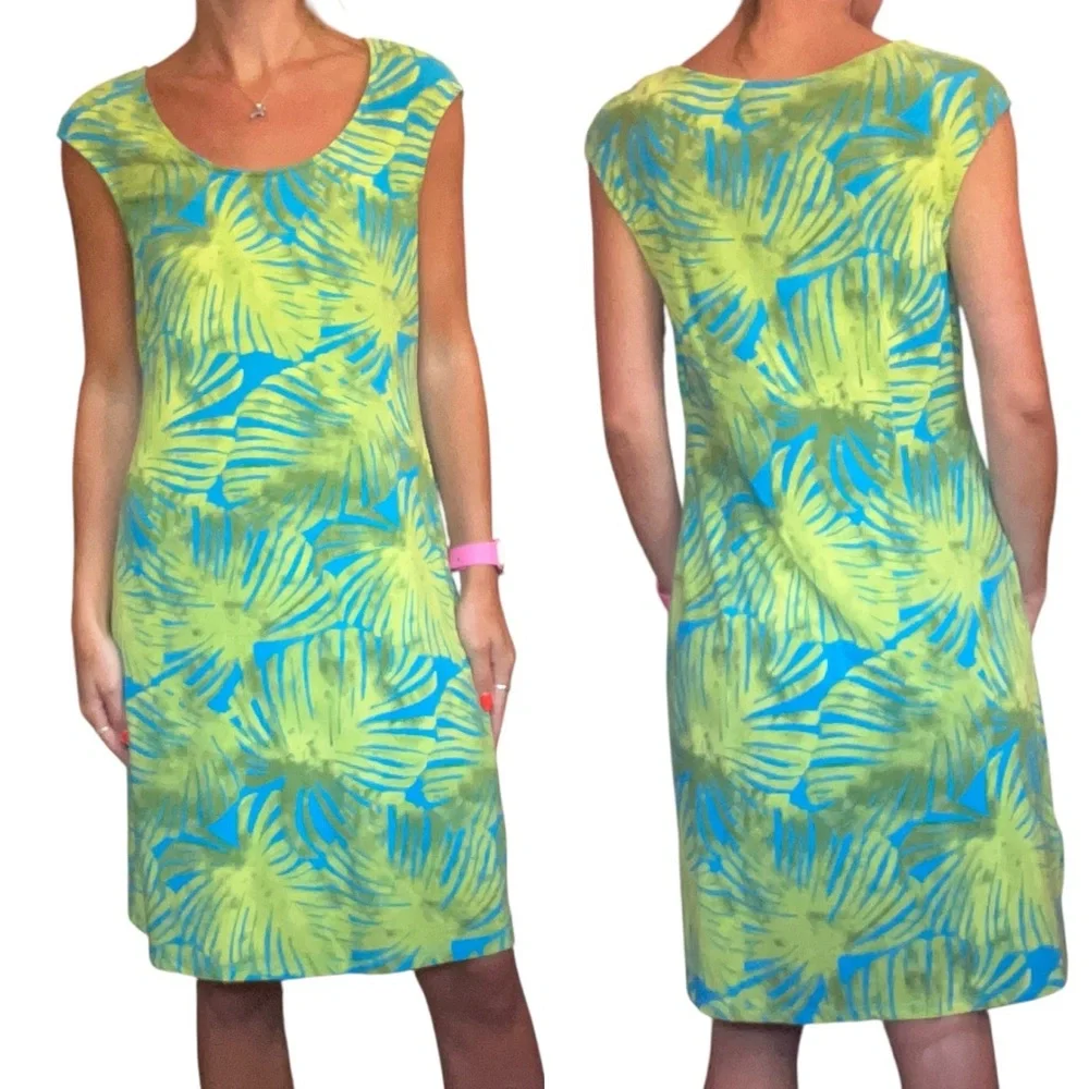 Tommy Bahama Women’s M Blue Green, Tropical Leaf Aloha Knit Shift Shirt Sundress
